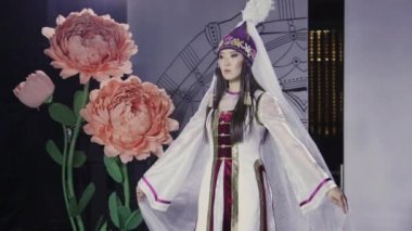 Cute asian girl folk costume tradition slow motion walking catwalk japan show 4K