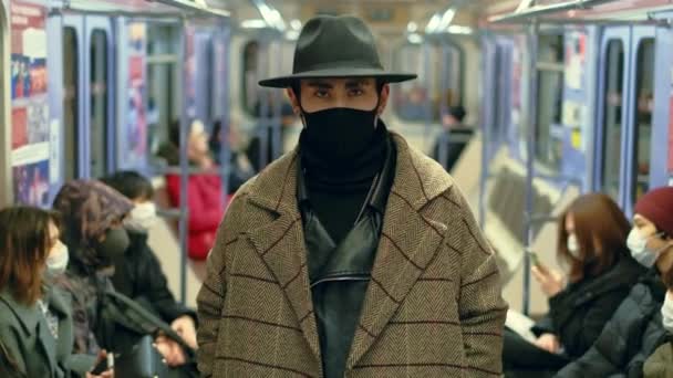 Fashionable Guy Subway Metro. Coronavirus Mask. Hipster Model. Style Covid-19. — Stock Video