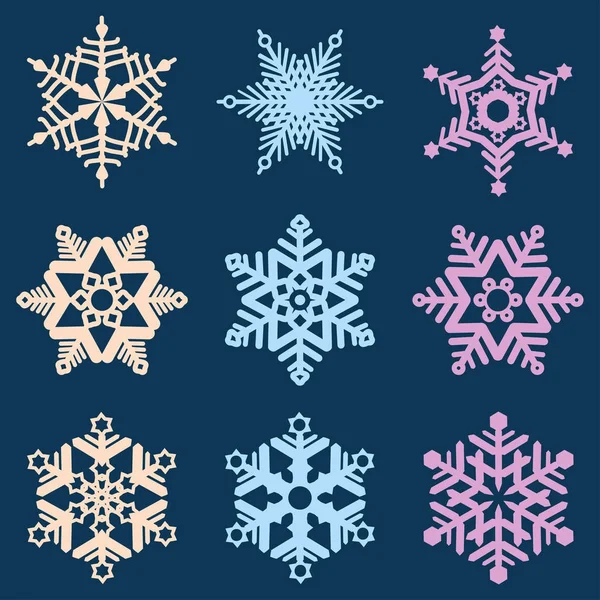 Conjunto Copos Nieve Multicolores Sobre Fondo Azul Ilustración Vectorial — Vector de stock