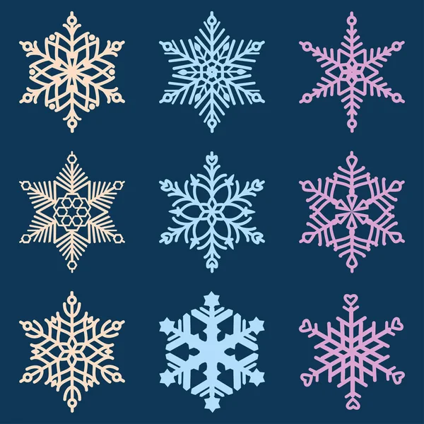 Conjunto Copos Nieve Multicolores Sobre Fondo Azul Ilustración Vectorial — Vector de stock