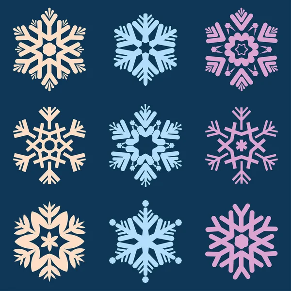 Conjunto Copos Nieve Multicolores Sobre Fondo Azul Ilustración Vectorial — Vector de stock