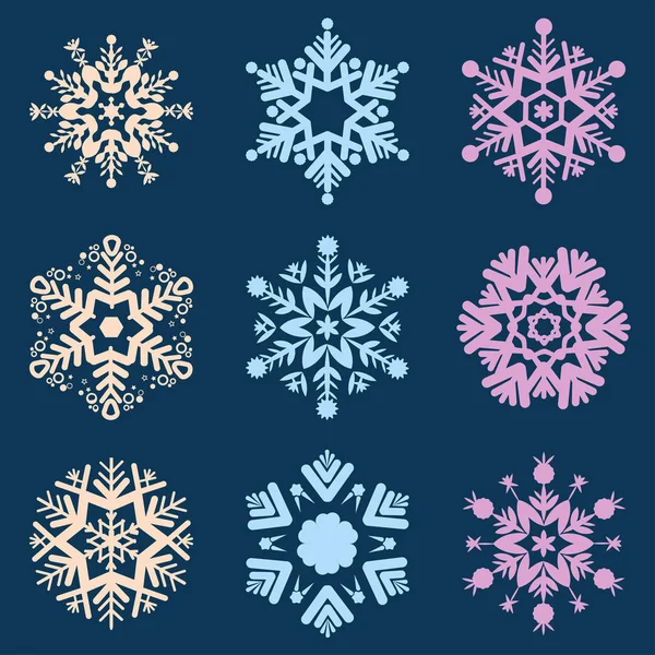 Set Fulgi Zăpadă Multicolori Fundal Albastru Ilustrație Vectorială — Vector de stoc