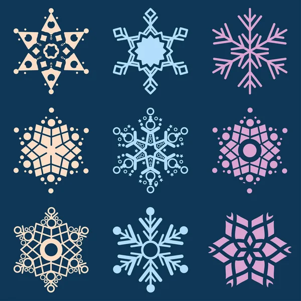 Set Von Bunten Schneeflocken Auf Blauem Hintergrund Vektorillustration — Stockvektor