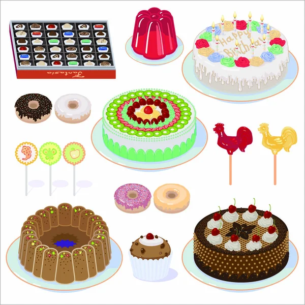 Desserts, cakes, taarten en snoep. — Stockvector