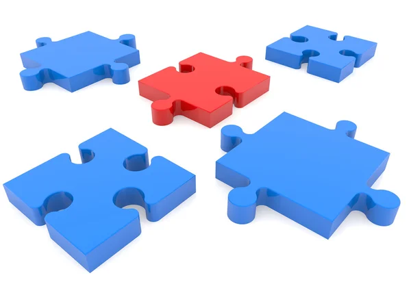 Puzzle pieces in blue with one red missing between — Stock Photo, Image
