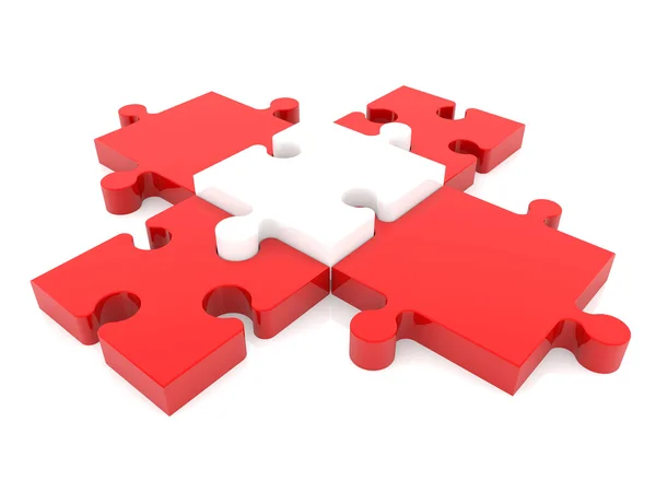 Cross of puzzle pieces in white and red colors — Stock Photo, Image