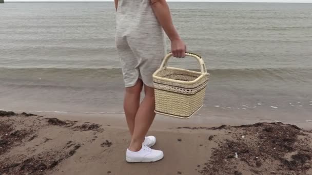 Woman with basket on the beach — Stock video