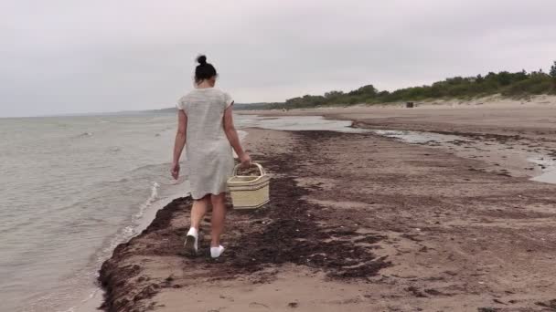 Жінка з кошиком, що йде біля моря влітку — стокове відео