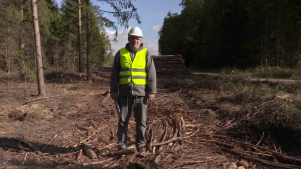 Unsatisfied lumberjack in forest — ストック動画