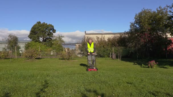 Arbetaren klipper gräset på morgonen — Stockvideo