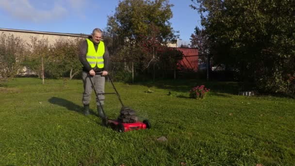 Werknemer duwen grasmaaier en verwijderen steen van gazon — Stockvideo