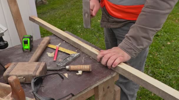 Плотник с молотком и гвоздём за рабочим столом — стоковое видео