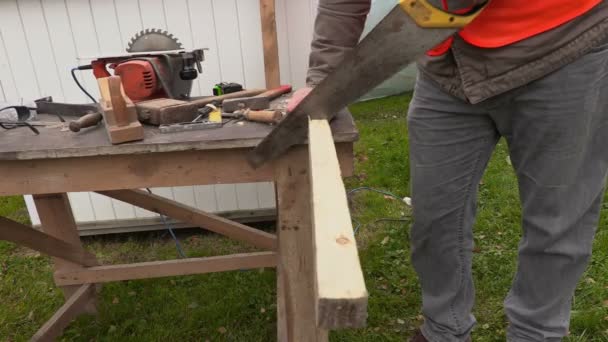 Timmerman proberen af houten plank te zagen — Stockvideo