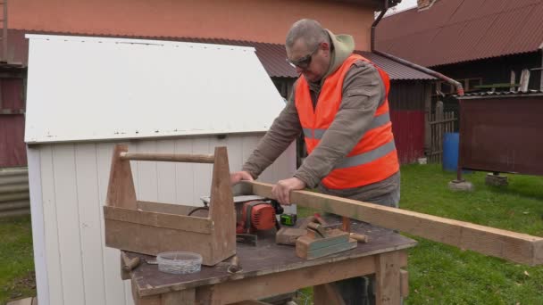 Плотник пилит деревянную доску — стоковое видео