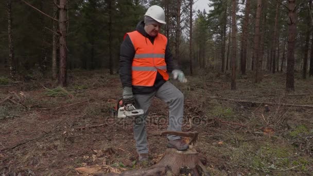 Houthakker met chainsaw ontmoet collega 's — Stockvideo