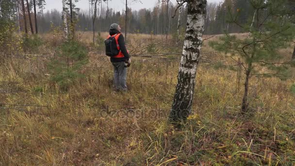 Ornitolog z lornetki i ptaków lęgowych pole w pobliżu brzoza — Wideo stockowe