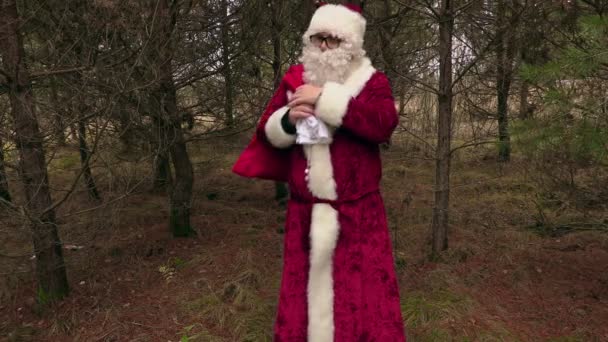 Weihnachtsmann nimmt Geschenktüte auf die Schulter — Stockvideo