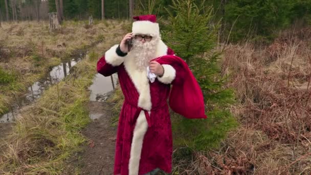Санта-Клаус разговаривает по телефону в лесу — стоковое видео