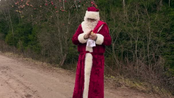 Santa Claus con bolsa de regalo y manzana — Vídeo de stock