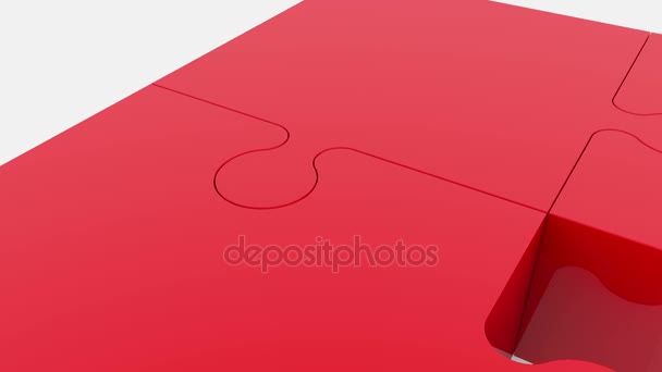 Piezas de rompecabezas en movimiento aleatorio en color rojo sobre blanco — Vídeo de stock