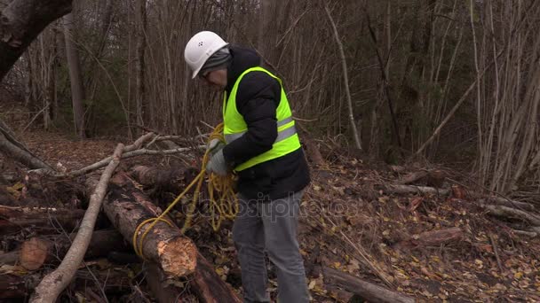 Рабочий закрепляет веревку вокруг дерева — стоковое видео