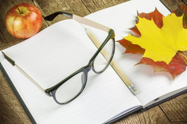 Gafas, cuaderno, bolígrafo y hojas de otoño — Foto de Stock