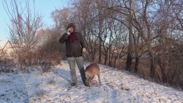 Человек с собакой и смартфоном — стоковое видео