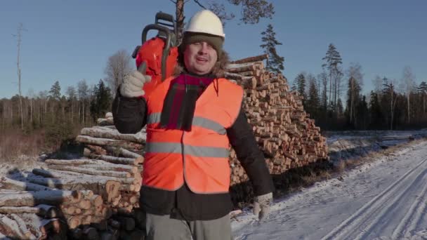 Lumberjack with chainsaw call for other workers near logs — Stock Video