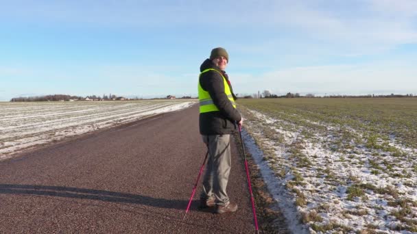 Wandelaar met wandelen van Polen wachten voor vrienden — Stockvideo