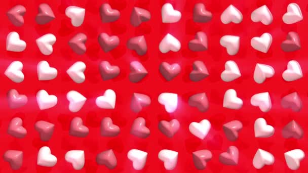 Roterende, kloppende harten op een rode achtergrond — Stockvideo