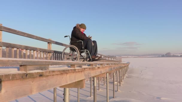Инвалид на инвалидной коляске у озера зимой — стоковое видео