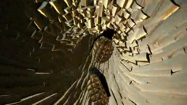 Vliegende granaten in metalen tunnel — Stockvideo