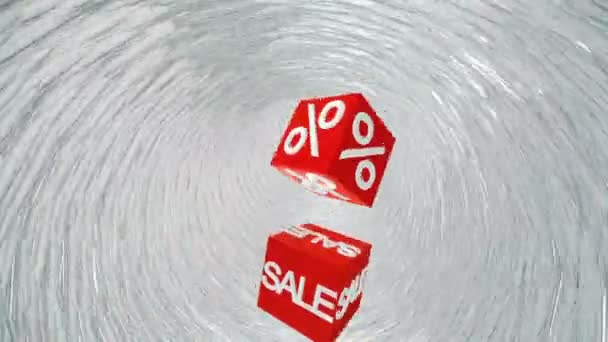 Cubos vermelhos voadores com venda de inscrições e por cento em túnel branco — Vídeo de Stock