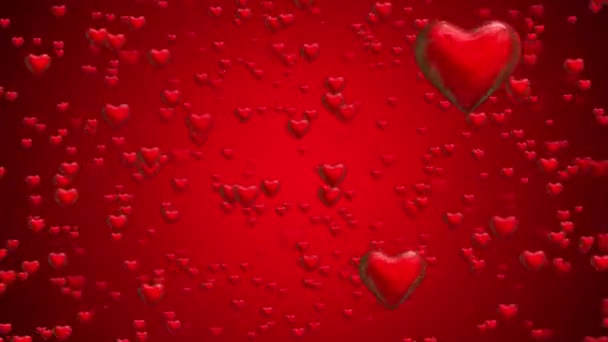 Vor laufender Kamera fliegende Herzen auf Rot — Stockvideo
