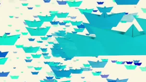 Rotierende Papierboote in blauen Farben auf weißem Grund — Stockvideo