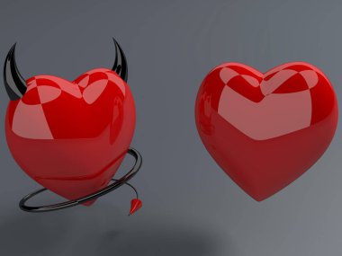 Kırmızı kalp ve boynuzları ve kuyrukları ile şeytan kırmızı Kalpler 