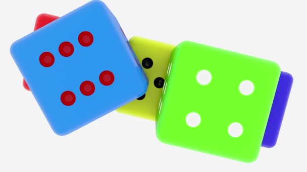 Five dices in various colors on white — Stock Video