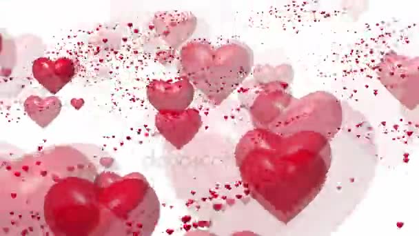 Flygande röda hjärtan på vit — Stockvideo