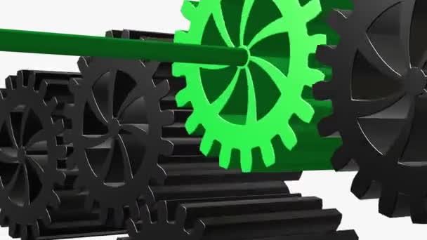 Rotating gears in green and black on white — Stock Video