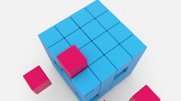 Blauwe kubus met lege ruimten op wit — Stockvideo