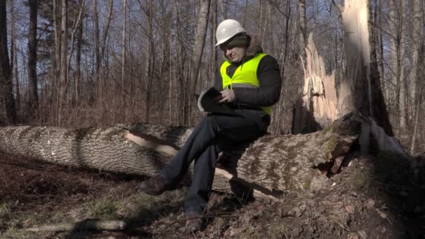 Lumberjack sitting and reading documentation on fallen tree in park — Stock Video