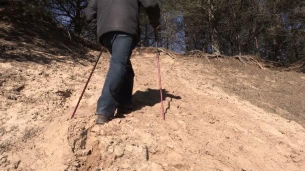 Man with hiking sticks stepping up to the hill — Stock Video