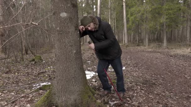 Уставший турист возле дерева в лесу — стоковое видео