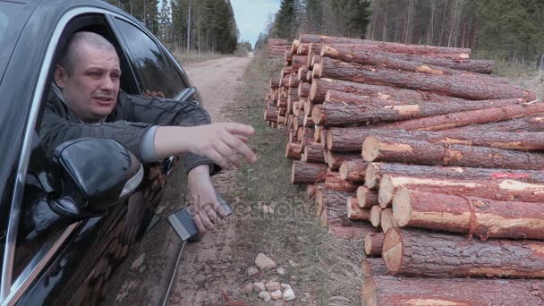 Lumberjack sentado no carro perto pilha log e falando — Vídeo de Stock