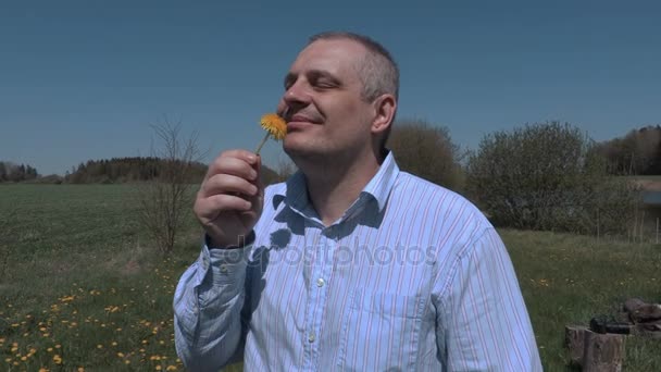 Man with dandelion at dandelion meadow — Stock Video