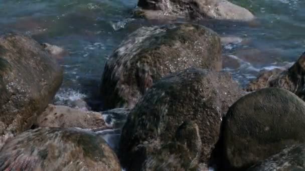 Zee golven op de rotsen slaan — Stockvideo