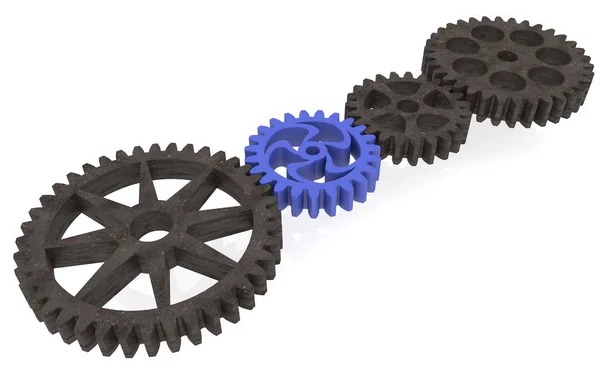 Plastic gear between metallic gears on white — Stock Photo, Image