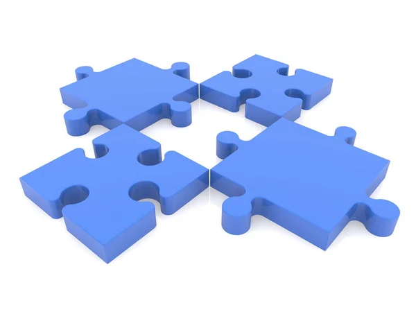 Quattro pezzi di puzzle in blu su bianco — Foto Stock