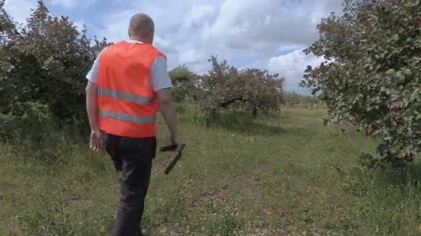 Glücklicher Obstgärtner im Apfelgarten — Stockvideo