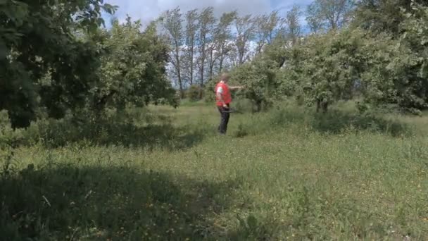 Orchard elma bahçesine doğru yürüyüş bahçıvan makası ile — Stok video